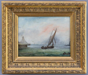 Zeezicht schepen havenhoofd John Moore of Ipswich 19e eeuw